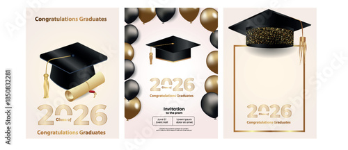 Congratulations on your graduation from school. Class of 2026. Graduation cap, confetti and balloons. Congratulatory banner. Academy of Education School of Learning	Congratulations on your graduation 