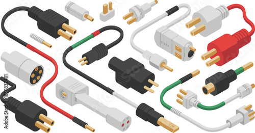 Isometric electrical cable and plug collection with adapters connectors and power cords, detailed technology and energy illustration set