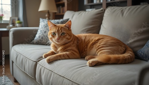 Red cat resting on sofa in living room, emphasizing relaxation and domestic environment