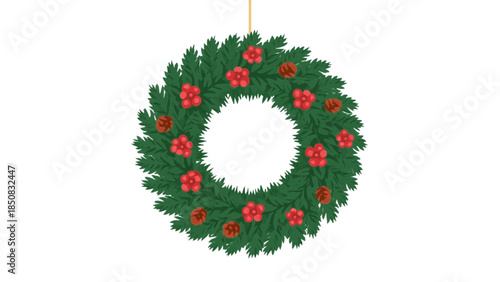 A festive Christmas wreath adorned with vibrant red berries and pine cones