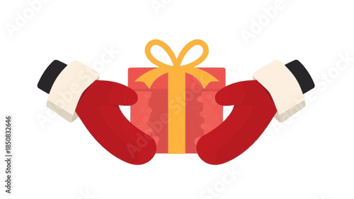 A pair of mittens holding a present, representing the act of giving