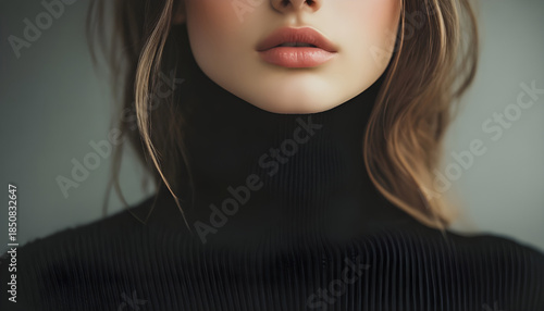 A close-up shot of a woman wearing a black turtle neck sweater, possibly for formal or professional occasion