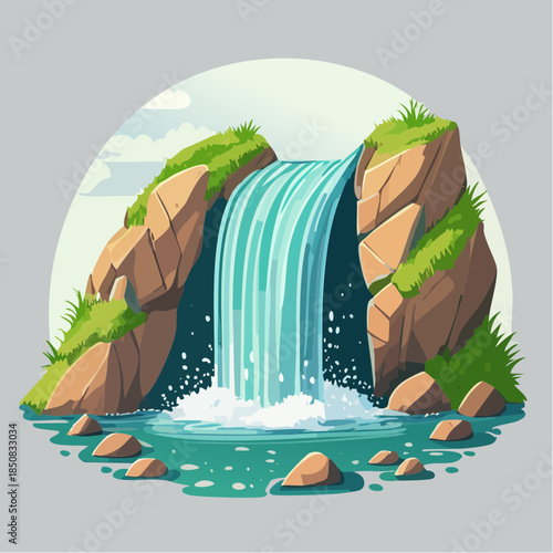 Cartoon illustration of a waterfall cascading between rocky cliffs into a pool of water.