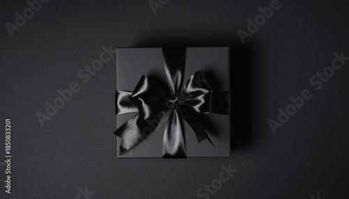 Elegant Black Gift Box with Satin Ribbon on Dark Minimal Background.
