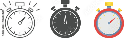Three stopwatch icons in different styles isolated on white background outline, glyph, and color, representing time, speed, and efficiency