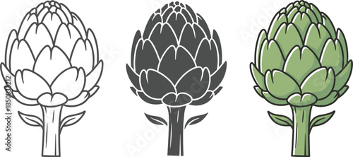 Three artichokes in different styles isolated on white background outline, silhouette, and color fresh vegetable with edible flower buds and stem, healthy vegetarian food
