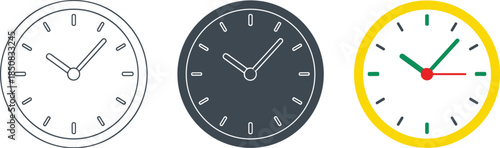 Three clock icons isolated on white background, showcasing different styles outline, solid fill, and vibrant color, each representing time management
