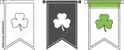 Three st patricks day pennants with shamrocks in white and green on a dark gray background, perfect for adding a touch of irish luck to any design
