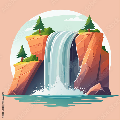 Cartoon illustration of a waterfall cascading between two rocky cliffs.
