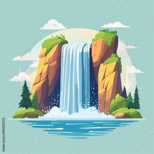 Cartoon illustration of a waterfall cascading between rocky cliffs into a pool of water.