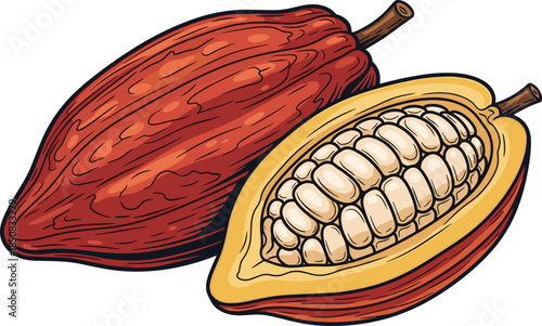 Cocoa bean illustration isolated on white background hand drawn cacao fruit with seeds organic chocolate ingredient, healthy natural food, tropical plant, farm product, harvest