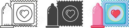 Condom and package with heart isolated on white background safe sex, contraception, love, and health concept vector illustration in cartoon style