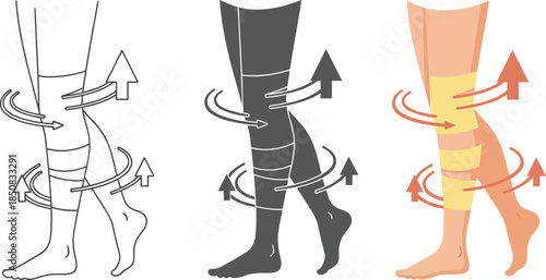 Compression socks for leg health, showing improved circulation with arrows, available as line art, silhouette, and color isolated on white background