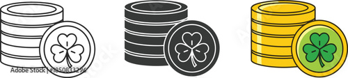 Stack of gold coins with a clover leaf isolated on white background, symbolizing st patricks day and irish luck, perfect for festive designs and promotions