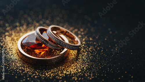 Luxury Gold Wedding Rings with Gemstone and Diamond Details on Dark Glitter Background.
