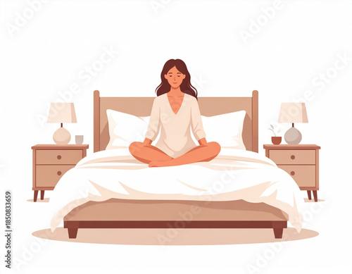 A serene woman meditates in a lotus position on a comfortable bed, surrounded by bedroom furniture.