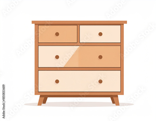 Cartoon illustration of a wooden dresser with multiple drawers and round knobs, featuring a warm brown and cream color scheme.