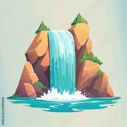 Cartoon illustration of a waterfall cascading down rocks into a pool of water.