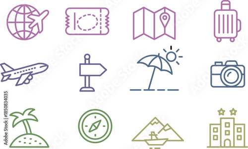 Travel and tourism line icons set with airplane map luggage camera compass hotel beach destination outline vector collection