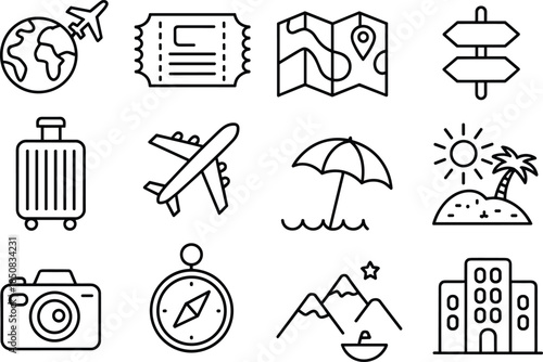 Travel and tourism line icons set with airplane map luggage camera compass hotel beach destination outline vector collection
