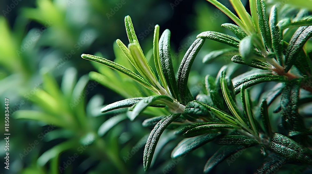 Fototapeta premium Fresh rosemary herb branches with green needle-like leaves growing in natural garden setting for culinary cooking and aromatherapy applications.
