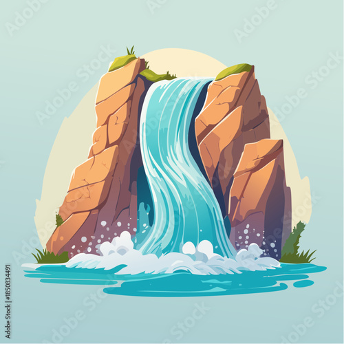 Cartoon illustration of a waterfall cascading down rocky cliffs into a pool of water.