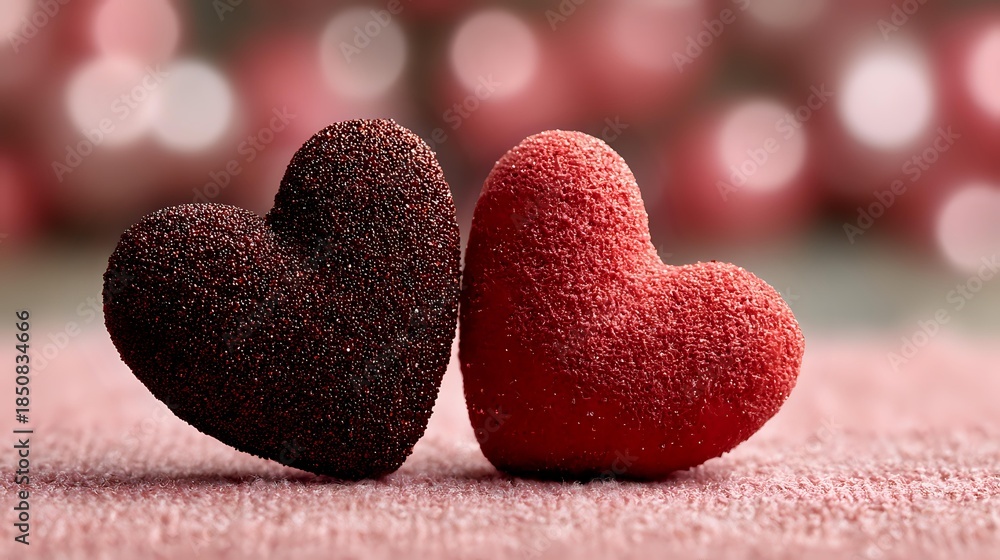 Obraz premium Two textured fabric hearts in burgundy and red colors on soft pink surface with romantic bokeh lights background for Valentine's Day celebration.