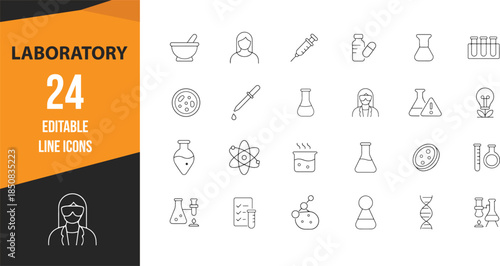 Laboratory Line Icons Set of 24 – Science, Medical, Research, Chemistry and Biology Outline Symbols