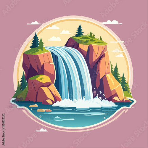 Cartoon illustration of a waterfall cascading into a pool surrounded by rocky cliffs and trees.