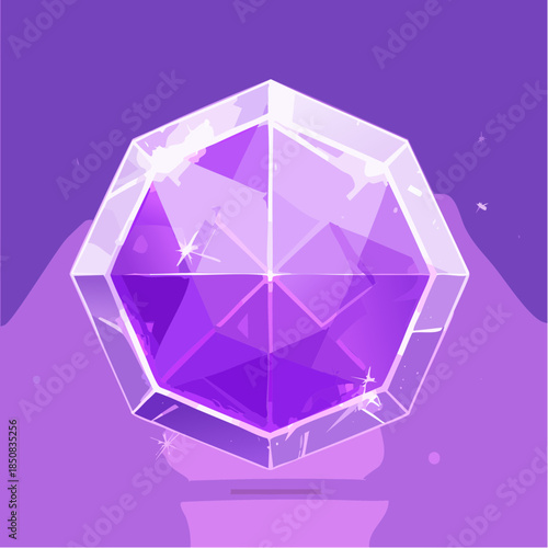 A shiny purple crystal gem with a clear border on a purple background.