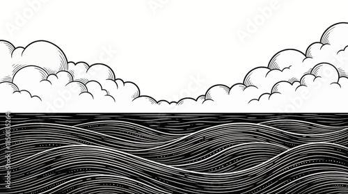 Minimal black and white sketch of a calm sea horizon with gentle waves, clean linework, and balanced composition, evoking silence, openness, and timeless coastal atmosphere