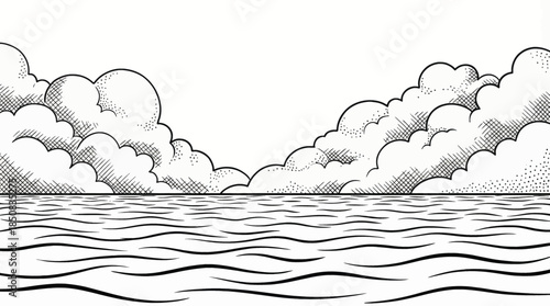 Minimal black and white sketch of a calm sea horizon with gentle waves, clean linework, and balanced composition, evoking silence, openness, and timeless coastal atmosphere