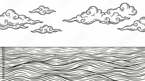Minimal black and white sketch of a calm sea horizon with gentle waves, clean linework, and balanced composition, evoking silence, openness, and timeless coastal atmosphere