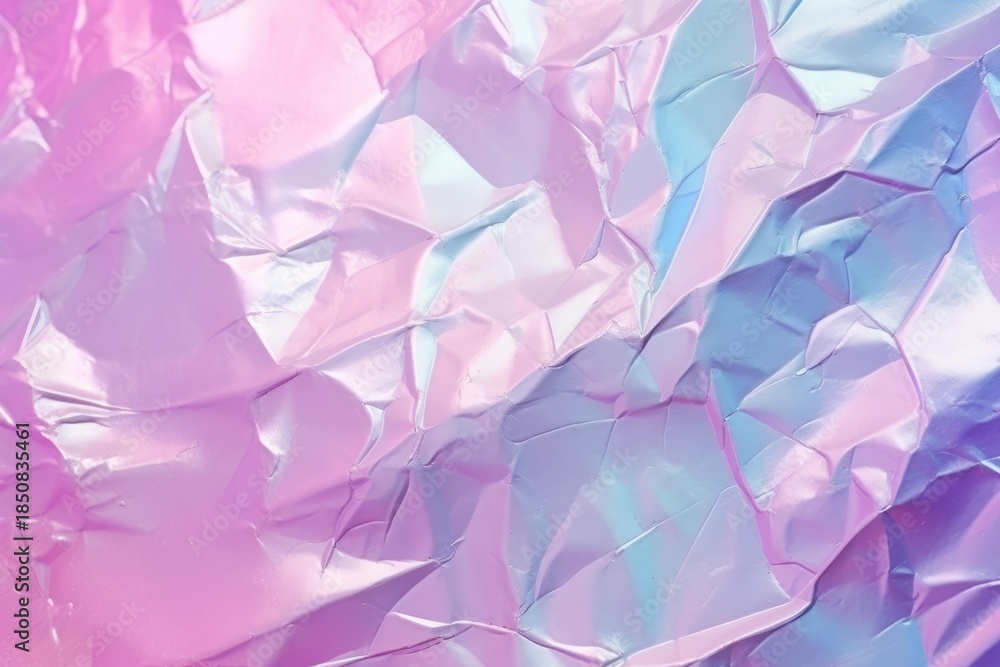Naklejka premium Holographic crumpled foil background creates an iridescent texture with pink and blue reflections