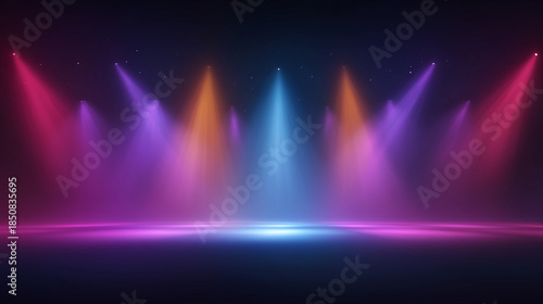 Colorful stage lights shining vibrant beams dark space with glowing purple, blue, and orange hues creating dynamic atmosphere