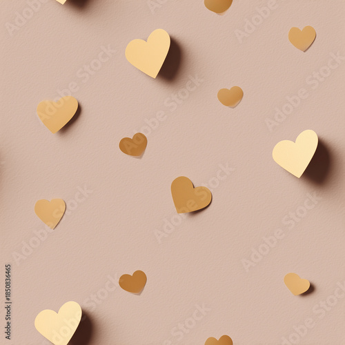 Elegant minimalist pattern of golden heart-shaped cutouts casting shadows on a beige textured background