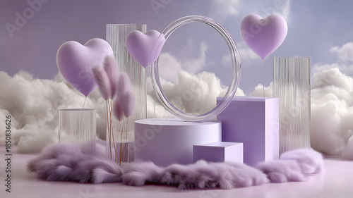 Dreamy 3D product podium scene with lavender hearts, fluffy grass, and glass rings against a cloudy sky background
