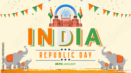 India Republic Day Banner with Red Fort, Elephants and Tricolor Decorations – 26 January Illustration
