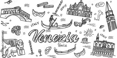 Venice doodle set with Venetian carnival masks, landmarks, Italian food and gondolas, vector illustration on white background.​