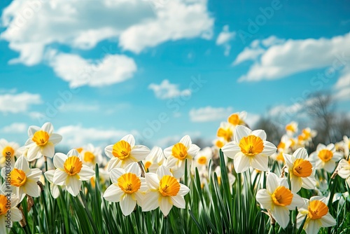 A vibrant field of daffodils under a clear blue sky, with a few clouds scattered across the horizon.