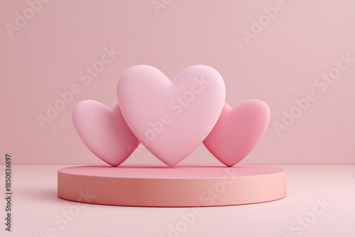 Minimalist 3D render of a pink circular podium decorated with three soft matte hearts for product presentation