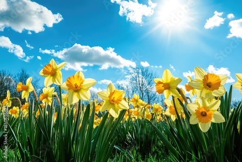 A vibrant spring scene with daffodils blooming in a field under a clear blue sky with fluffy white clouds. The sun shines brightly, casting a warm glow on the scene.