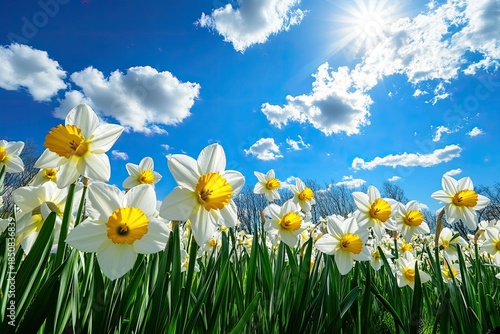 A vibrant spring scene with daffodils blooming in a field under a clear blue sky with fluffy white clouds.