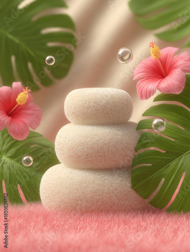 3D rendered product podium made of soft, textured spheres surrounded by tropical hibiscus flowers and monstera leaves on a pink fuzzy surface