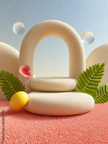 Minimalist 3D product podium featuring a beige arch, green fern leaves, a pink flower, and floating glass bubbles on a blue sky background.
