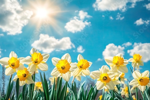 A vibrant spring scene with daffodils blooming in a field under a clear blue sky with fluffy white clouds. The sun shines brightly, casting a warm glow on the scene.