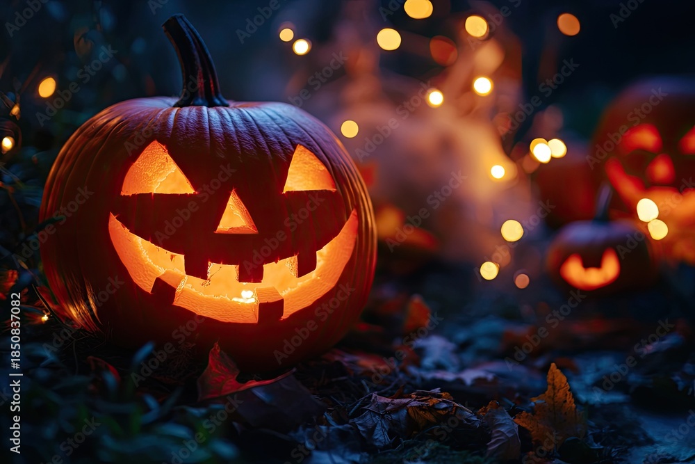 Fototapeta premium A spooky night scene with a jack-o'-lantern glowing in the dark, surrounded by a forest of trees with twinkling lights in the background.