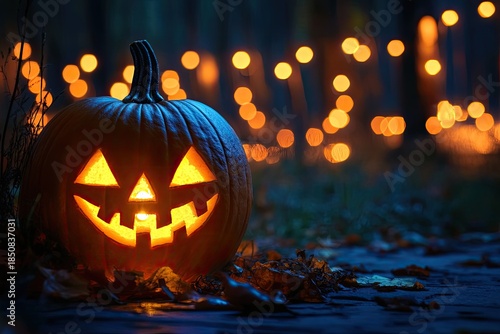 A jack-o'-lantern with a carved face, illuminated by a warm glow from within, set against a backdrop of twinkling lights and fallen leaves, creating a festive atmosphere.