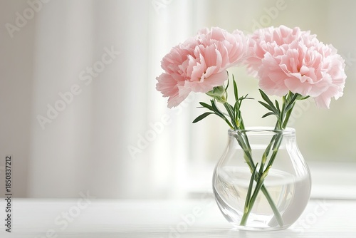 A serene indoor setting with a clear glass vase holding two pink carnations, set against a backdrop of a white wall and a window with white curtains.