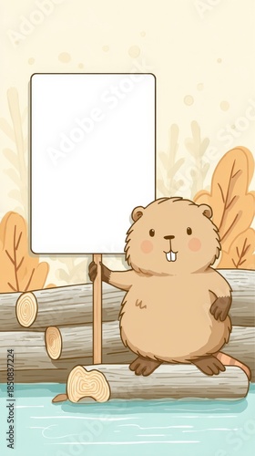 A cartoon of a brown bear holding a sign